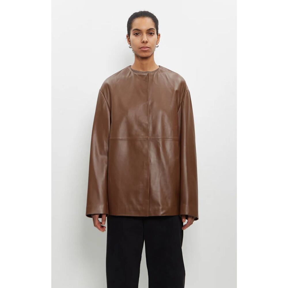 NWT Loulou De Saison Leather Atalia Round Neck Coat In Wood - 36